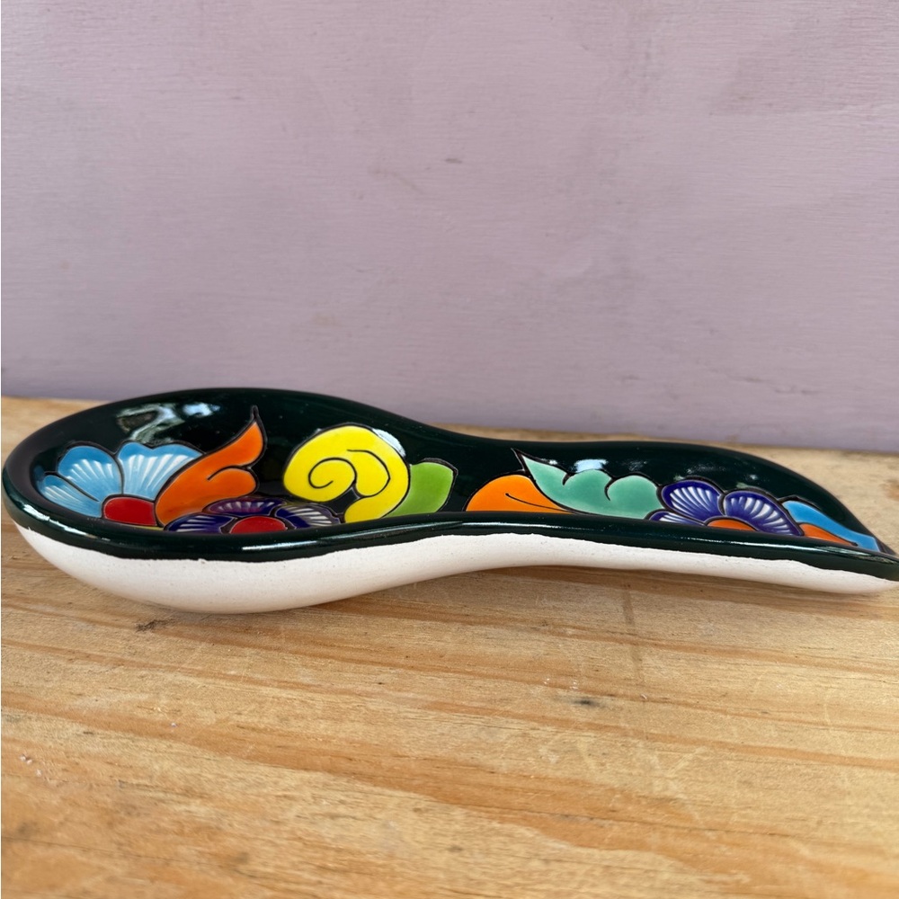 Hand-Painted Floral Talavera Spoon Rest in Dark Green with Bright Accents - Picture 3 of 5